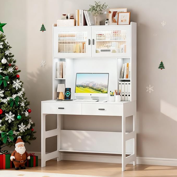 Vlsrka Home Office Desk with Hutch and Drawers, 40" Computer Desk with Storage Shelves and LED Lights, Modern Wooden Writing Study Table with Charging Station for Bedroom, White