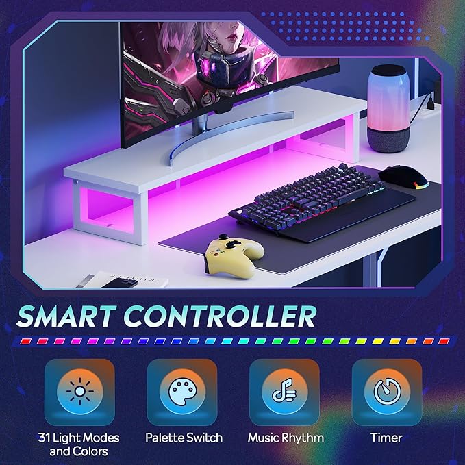 DEVAISE L Shaped Gaming Desk with Drawers and Storage, L Shaped Desk with LED Lights, Power Outlets, PC Desk with Monitor Stand, Corner Desk for Home Office (White,66 Inch)