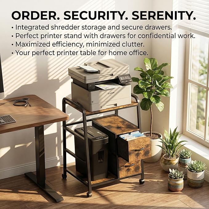 Printer Stand Featuring Fabric Drawers, Under Desk Host Computer Cabinet and Shredder Shelf, Heavy Duty Printer Stand with Storage Workstation Organization Printer Table for Home Office
