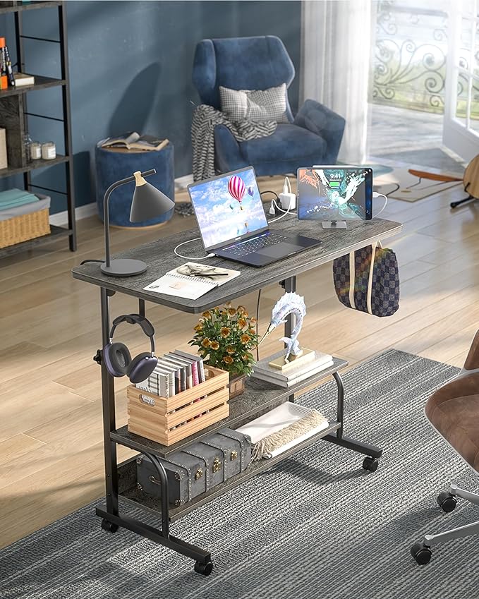 Armocity Rolling Standing Desk with Power Outlets, 32" Manual Height Adjustable Mobile Computer Desk with Wheels, Small Portable Sit Stand Laptop Couch Table for Bed & Sofa Home Office, Grey Oak