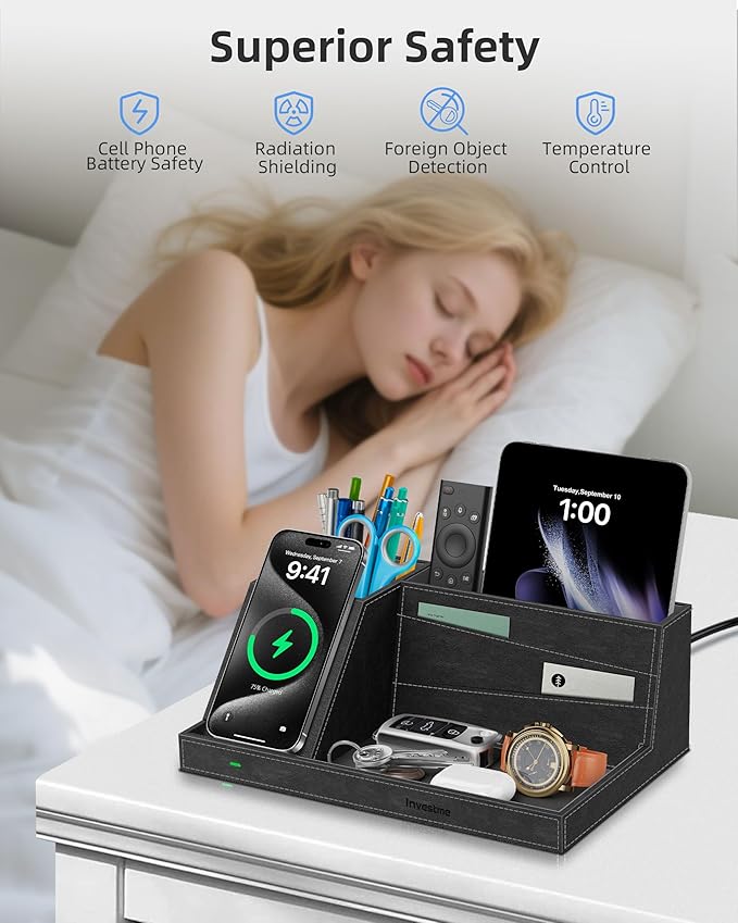 Wireless Charger with Desk Organizer, Fast Charging Station for iPhone 16/15/14/13/12/11 Pro Max, Desk Phone Charger Stand, Desktop Nightstand Organizer Pen Holder for Home Offfice Supplies