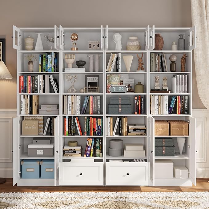 TUSY 85.5 Inch Tall Bookshelf with Doors - 7 Tier Bookcase with Glass Doors and Drawer, 23.6" Wide Storage Cabinet with Open Shelves for Living Room, White Book Shelf for Home Office, Study (ABBA)