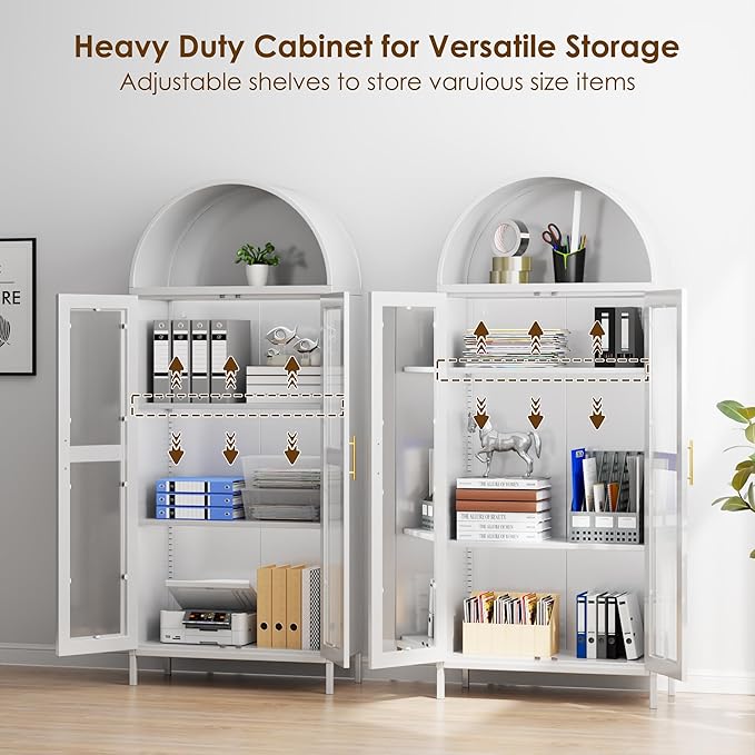 VEXPOR 73" Tall Arched Display Cabinet with Glass Doors, Metal Arched Curio Cabinet with 2 Adjustable Shelves for Living Room, Home Office, Assembly Required, White
