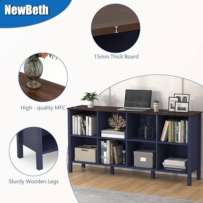 8-Cube Bookcase, Farmhouse Wooden Bookshelf Low Storage Organizer, 59" Horizontal Navy Blue Console with Legs, Hallway Book Case for Entryway, Display Cabinet for Living Room (Navy Blue, 8-Cube)