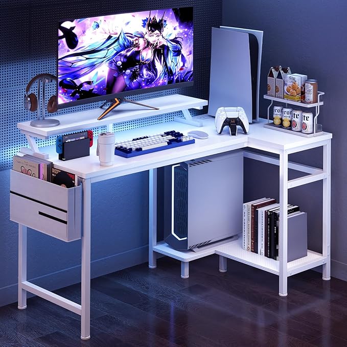 DUMOS Gaming Desk, Computer Desk with USB Charging Ports, Power Outlets, Type-C and LED Lights, Reversible L Shaped Desk with Storage Shelves & Monitor Stand for Office Gaming Room White 40IN