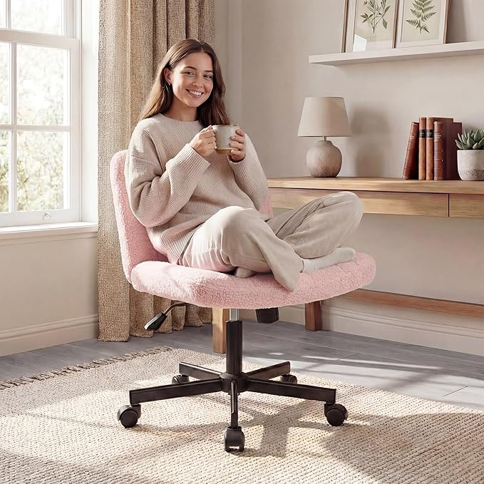 Orange Factory Criss Cross Chair Wheels Vanity Chair Office Desk Comfy Wide Cross Legged Armless Teddy Fabric Adjustable Swivel for Home Computer Task (Pink, Teddy Fleece)