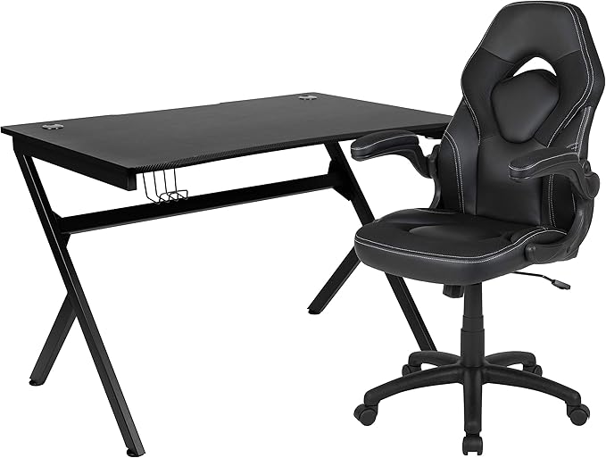 Flash Furniture Optis Black Gaming Desk and Black Racing Chair Set with Cup Holder, Headphone Hook & 2 Wire Management Holes