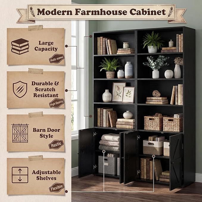 YESHOMY Farmhouse Bookshelf and Bookcase with Doors, Industrial Bookshelves and Bookcases Floor Standing Display 6-Tier Shelf Storage Shelves 71.5 inchs for Home Office, Living Room, Black, 2 PCS