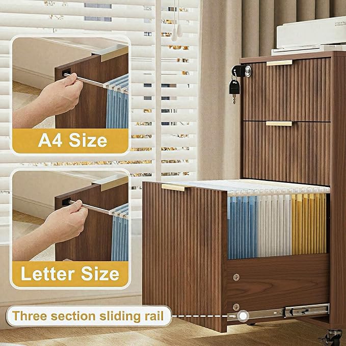 INNOD 3 Drawer Fluted Mobile File Cabinet with Lock, Rolling File Cabinet, Under Desk Wooden Filing Cabinets for Home Office (Walnut)
