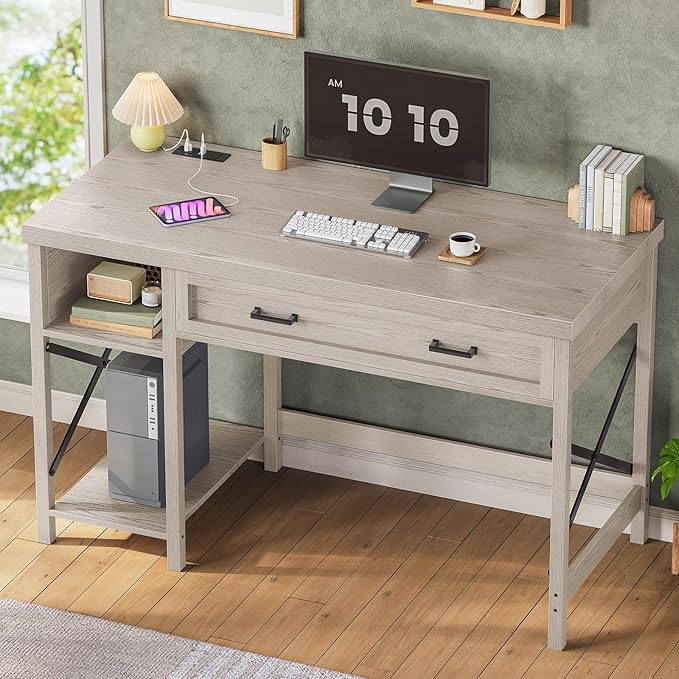 SEDETA Farmhouse Small Desk with Drawers, 40" Computer Desk with Storage Shelves, Writing Desk for Small Space and Power Outlet, Desk for Bedroom, Home Office, Mahogany Grey