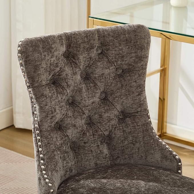Goujxcy Desk Chair, Modern Chenille Upholstered Tufted Button Home Office Chair, 360° Swivel Armless Desk Chairs, 120°Rocking Ergonomic Computer Task Vanity Chairs, Gray