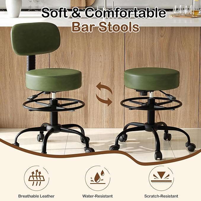 Drafting Chair with Back Support, Adjustable Foot Rest Rolling Stool, 360° Swivel Office Desk Chair with Wheels, Thick Seat Cushion for Home Bar Salon Tattoo Shop (2, Dark Green)