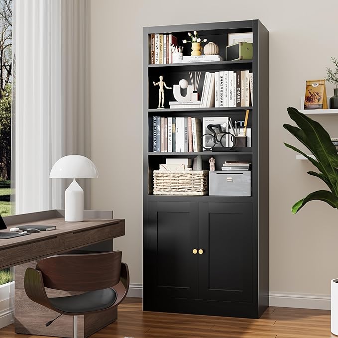 55" Tall Metal Bookcase,Heavy Duty Bookcases with Doors,Sturdy Modern Book Shelf with Cabinet,Industrial Display Book Case for Living Room,Office,Black