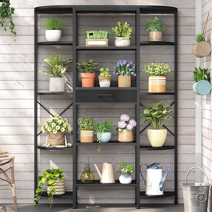HOOBRO Triple Column 5 Tier Book Shelf, Industrial Bookcase with 12 Open Shelves and Fabric Drawer, Storage Rack, Display Shelf, Tall Bookshelf for Home Office, Living Room, Black BB161SJ01