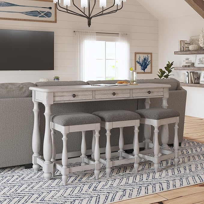 Coastal Desk Table Set with 3 Stools: White Wooden Table & Gray Upholstered Stools - 3 Drawer Workstation for Small Apartments & Home Office Use