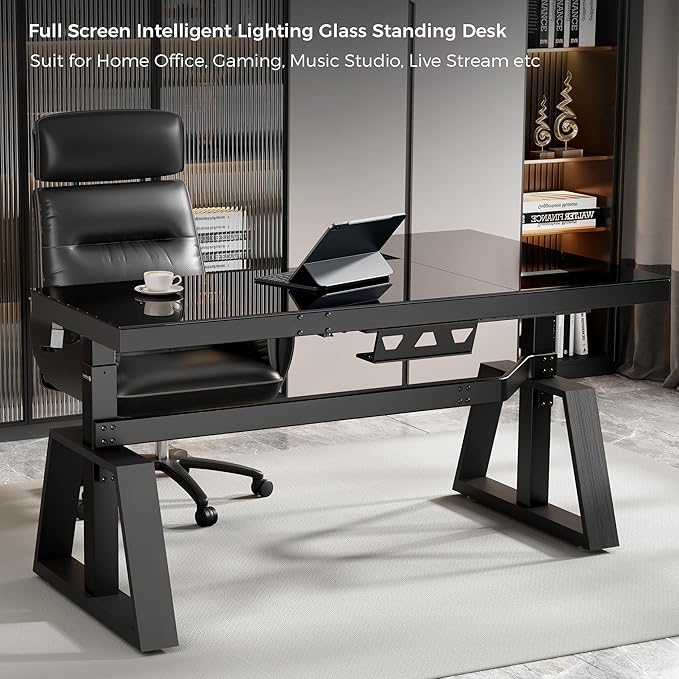 EUREKA ERGONOMIC Standing Desk, Gaming Table,Glass RGB, Height Adjustable Computer desks 60 Inch L Shaped Corner Music Studio Desk Workstation w Type-C Port,Cup Headset Holder,APP Control,Left