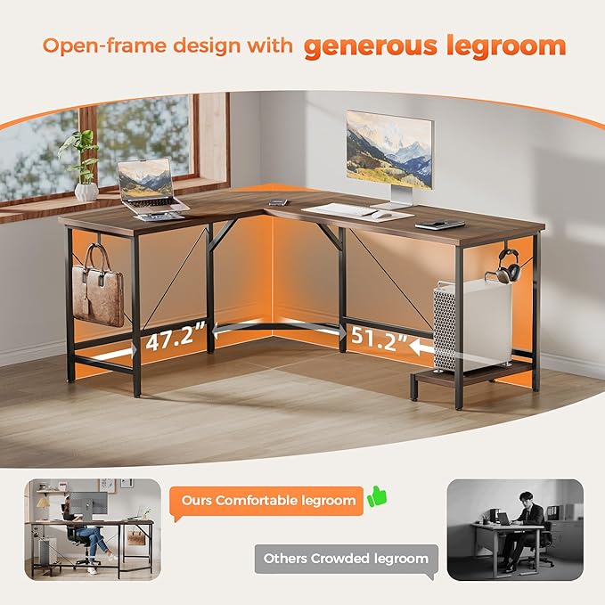 Mericonia 50 inch Large L Shaped Desk, Simple Corner Gaming Desk with CPU Stand & Hooks, Computer Desk for Home, Bedroom & Office Workspace, Walnut