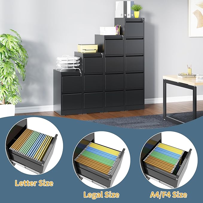 5 Drawer File Cabinet with Lock, Vertical Filing Cabinets for Home Office, Metal Storage Cabinets, Heavy Duty File Cabinet for Letter/Legal/A4/F4 Size Amsseble Required, Black