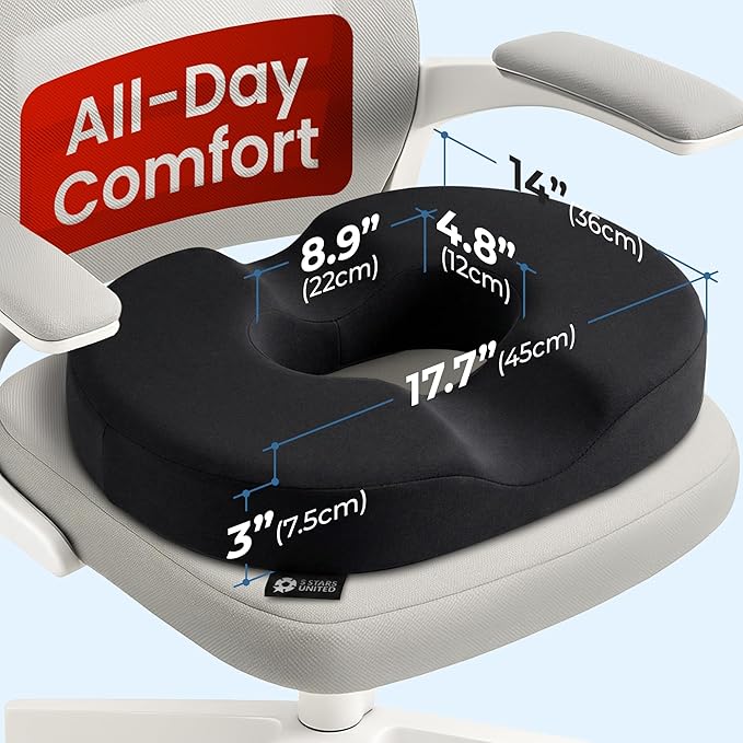 5 STARS UNITED Donut Pillow Hemorrhoid Tailbone Cushion – Large Cushion for Pain Relief – Coccyx, Prostate, Sciatica, Pelvic Floor, Pressure Sores, Pregnancy, Postpartum Recovery, Black