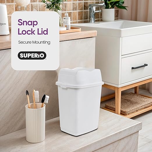 Garbage Can with Swing Top-Split Lid | Small Trash Can with Lid | Durable Plastic | Slim & Sturdy Trash Bin | Fingerprint Resistant | 1.25 Gallon / 5 qt / 5 L – White | Superio Brand