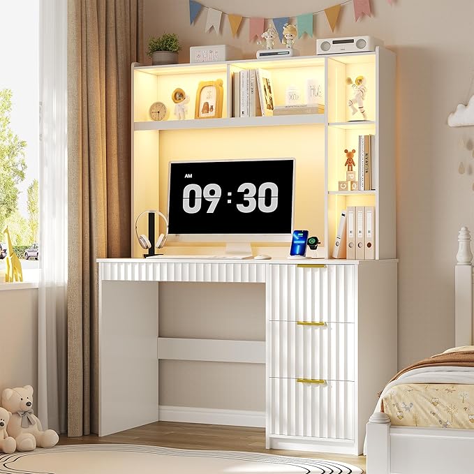Lvifur LED Study Desk - with Hutch & Storage Cabinet,Home Office Desk with Outlet and 3 Color LED and Card-Based Lock,Writing Desk Computer Desks for Studyroom,Ideal for Office Set,White