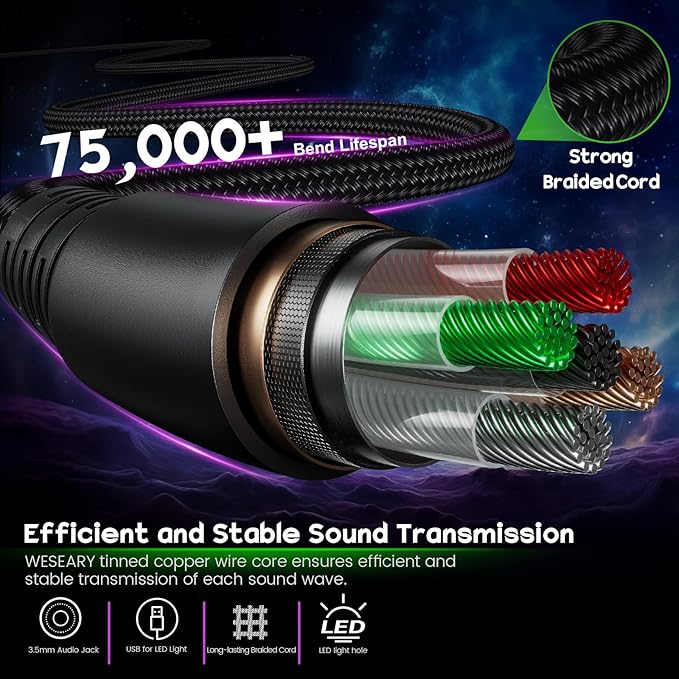 WESEARY Wired Gaming Headset for Xbox, PS5, PS4, Switch, PC, Mobile, Surround Sound Gaming Headphones with ENC Noise-Canceling Mic, 50mm Drivers for Atari 2600 Accessories, Soft Memory Foam Earcups