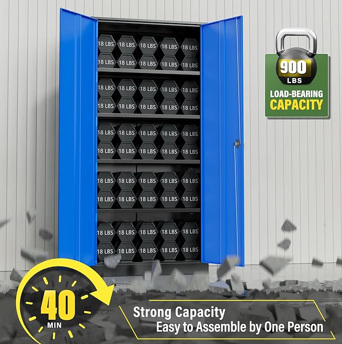 Greenvelly Metal Storage Cabinet, 72" Steel Garage Cabinet with Doors and Adjustable Shelves, Metal Cabinet with Lock,Tall Metal Office Storage Cabinet for Garage,Home Office,School (Black Blue)