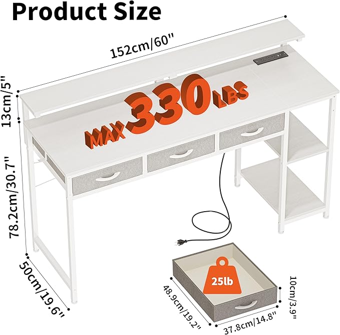 JOISCOPE Home Office Desk with Power Outlets (3AC, USB, Type-C), 60 × 20 Inch Computer Desk with 3 Drawers & Shelves, Laptop Table with Display Riser, Gaming Study Drafting Table for Bedroom, White