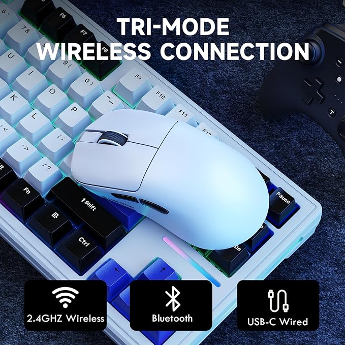 ZIYOU LANG×Magic-Refiner AJ199 Lightweight Wireless Gaming Mouse,Tri-Mode(2.4G/Wired/BT),24K DPI,PAW3311 Optical Sensor,1000Hz Polling Rate,600mAh,49g Ergonomic Mice for Mid-Large Hands-White