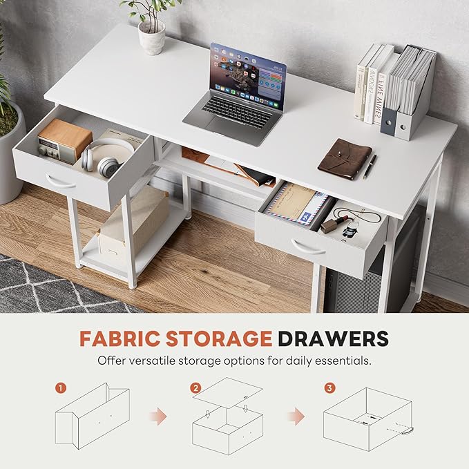 DUMOS 48" Small Computer Home Office Desk for Bedroom with Drawers, Gaming Writing Study Table with Storage Shelf, Adjustable Feet, Metal Frame White