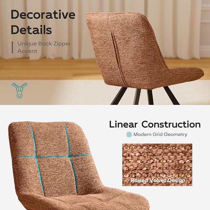 Small Desk Chair No Wheels, Swivel Velvet Vanity Chair No Arms, Armless Office Chair with Back and Metal Legs for Small Space, Bedroom, Home Office, Mid Century Modern, Caramel Brown