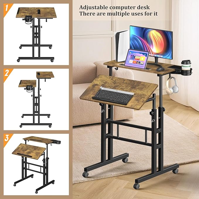 Enayplon Small Standing Desk with Wheels, Mobile Stand Up Desk, Portable Standing Table on Wheels for Walking Pad, Rolling Computer Desk Adjustable Height, Tall Table