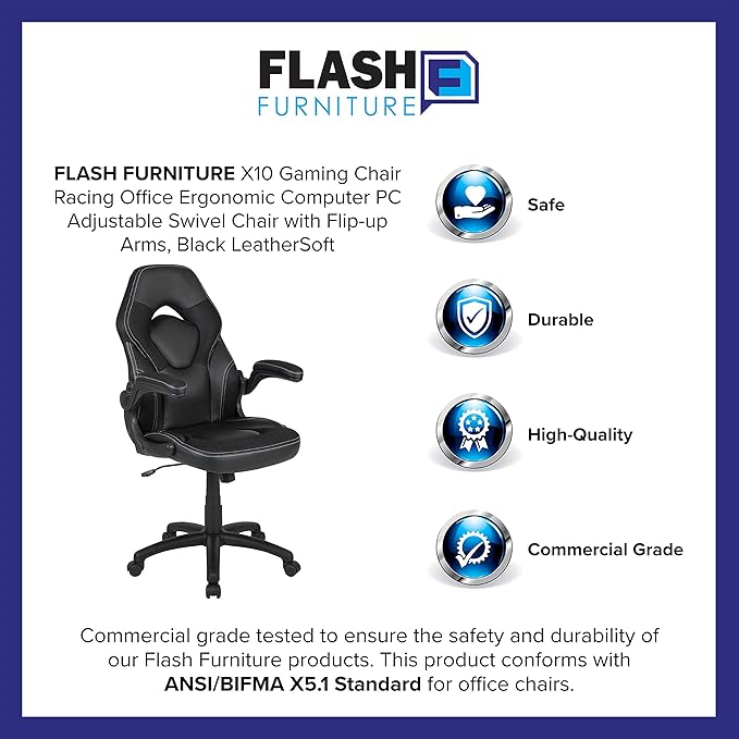 Flash Furniture X10 High-Back LeatherSoft Racing Style Gaming Chair with Flip-Up Arms, Ergonomic Padded Swivel Computer Chair, Black