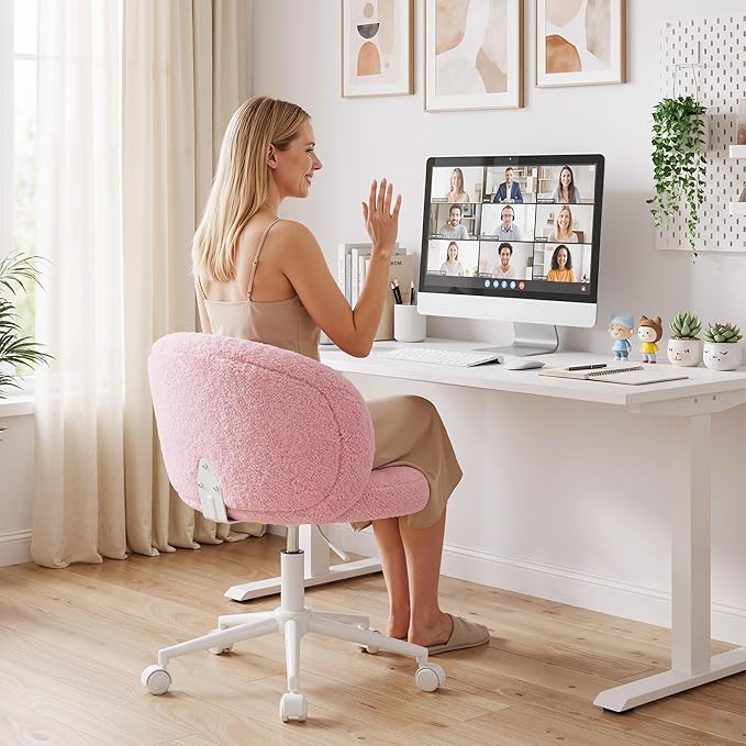 Homkdom Small Round Vanity Chair, Armless Home Office Desk Chairs with Back, Height Adjustable & 360° Swivel, Cute Comfy Vanity Computer Chair for Bedroom, Home Office, Pink