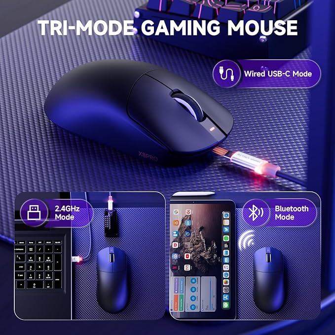 MAMBASNAKE Attack Shark X8 PRO 8K Wireless Gaming Mouse,PAW3395PRO 40K DPI Sensor,Tri-Mode Broadcom BK52820 Chip,Superlight Ergonomic Mouse for Large Hands,Cloud-Based Software,for Win/Mac(Black)