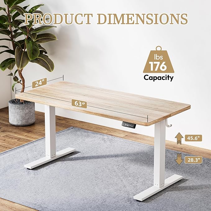 TIQLAB Electric Adjustable Sewing Table, 63"x24" Workbench Adjustable Height, Ergonomic Worktable for Garage, Craft Desk, Spacious Desk for Sewing and Crafts, Maple