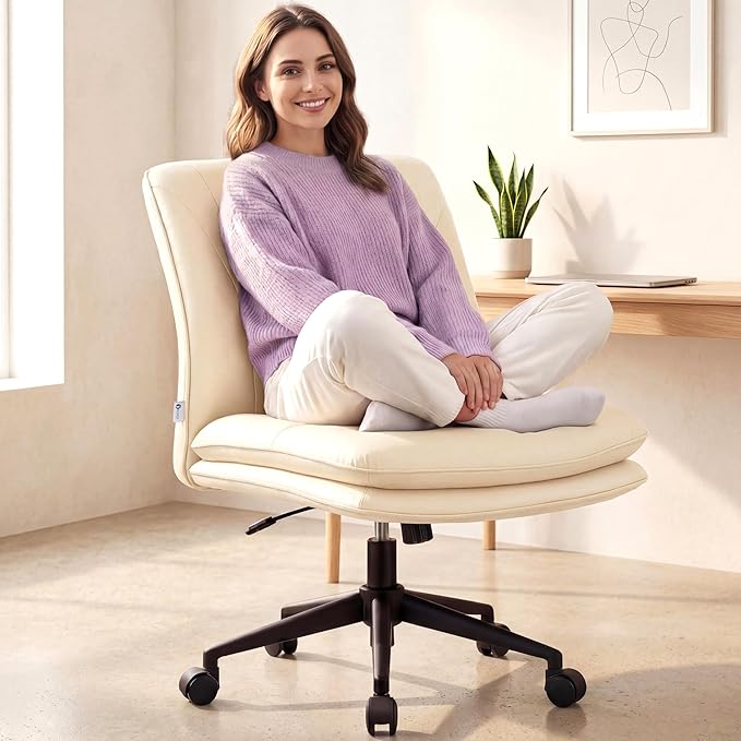 NYPOT Armless Desk Chair with Wheels for Criss Cross Sitting - Cross Legged Wide Armless Chair - Adjustable Vanity 360° Swivel Stool and 120° Rocking Wide Seat Comfy for Home and Office, Color Ivory