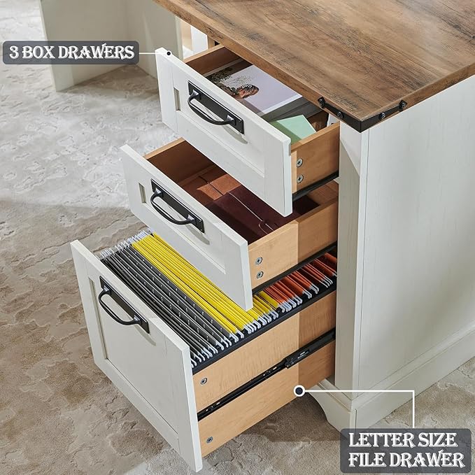 RedLemon 60" Farmhouse L Shaped Desk with Hutch, Wood Home Office Executive Desk with Drawer, Charging Station, File Drawer, Storage Cabinet, Rustic Writing Computer Desk (Antique White)