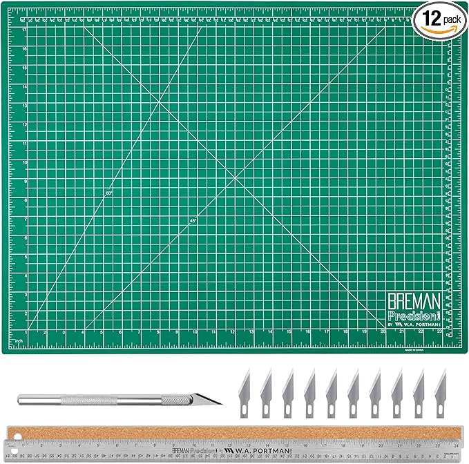 WA Portman 18x24 Inch Self Healing Cutting Mats for Crafts – Fabric Cutting Mat with Precision Craft Knife, 10#11 Hobby Knife Blades & Metal Ruler 24 Inch Cork Backed Ruler – All-in-One Craft Kit