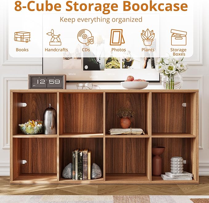 IROCNK Bookshelf, 8-Cube Storage Cube Shelf Organizer, Extra Thick Frame Horizontally & Vertically Reversible Bookcase with Open for Living Room, Bedroom, Home Office, Oak Brown