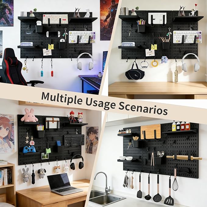 LBW Pegboard Wall Organizer, 6-Pack 11.8" × 11.8" Black ABS Peg Board Panels with 27 Accessories, Modular Plastic Pegboard Combination Kit for Home, Office, Garage, Tool Storage & Craft Room