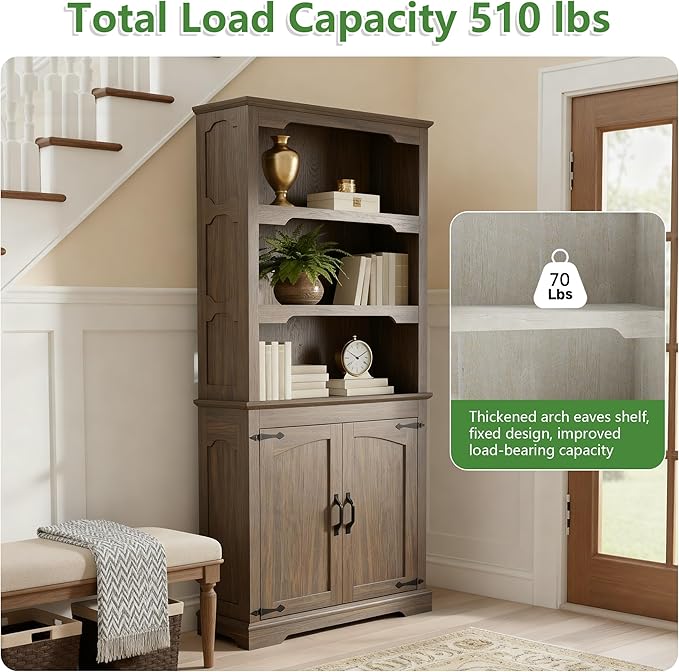 70 Inches Farmhouse Bookcase Bookshelf, Two-Tone Shelves, 5 Tier Bookshelf with Door Storage Arched Trim, Home Office Living Room Storage Cabinet Unit, 31.5x11.8 Inches (Walnut, Doors Storage)