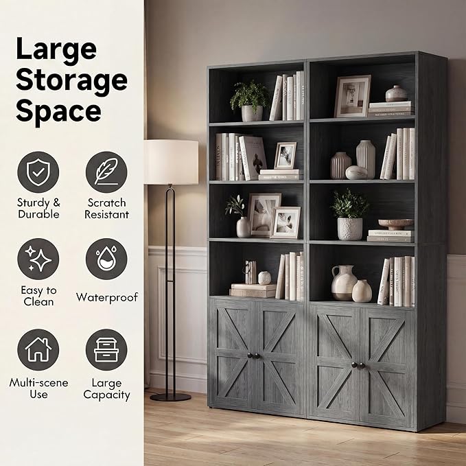 YESHOMY Farmhouse Bookshelf and Bookcase with Doors, Industrial Bookshelves and Bookcases Floor Standing Display 6-Tier Shelf Storage Shelves 71.5 inchs for Home Office, Living Room, Gray, 2 PCS