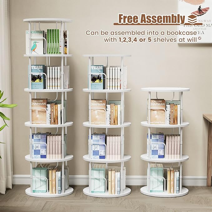 ALLSTAND 5 Tier Rotating Bookshelf, 360 ° Display Stackable Spinning Bookshelf Tower, Corner Bookshelf Tall Floor Standing Swivel Bookcase Narrow Storage Organizer for Bedroom, Living Room, White