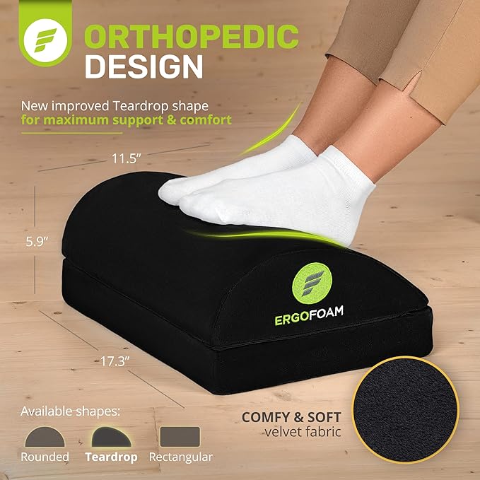 ErgoFoam Adjustable Foot Rest (Teardrop, Velvet, Black) and Lumbar Support Pillow Bundle