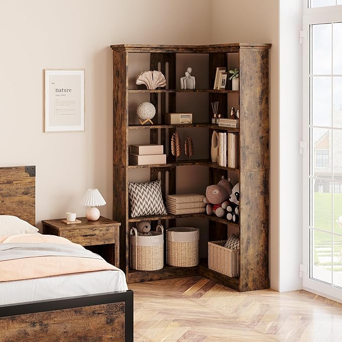 IDEALHOUSE Corner Bookshelf 72.8in Farmhouse Bookcase Large Bookshelf Wood Bookcase Tall 5 Tier Corner Shelf L Shaped Bookshelfs Storage Display Rack Living Room Bedroom (Retro, Half Panel)