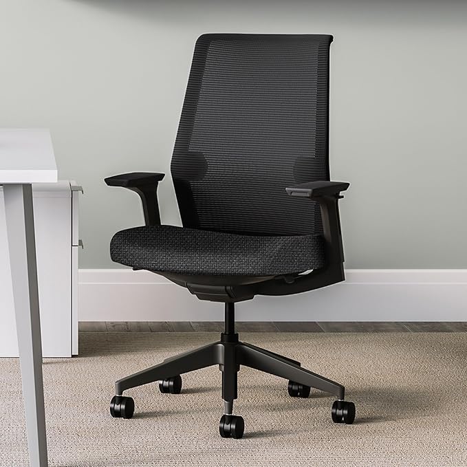 HON Cipher Mesh Office Chair with Lumbar Support, Height-Adjustable Arms, Black Mesh Task Chair, Darkness Fabric, Black Accent, Black Frame