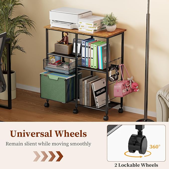 Tiaoheka Rolling File Cart with Wheels,Lateral File Cabinet with 2pcs Drawers,Rolling Printer Stand Cart with Open Storage Shelf,Hanging Filing Cabinet Organizer Cart Fits Letter Size for Home Office