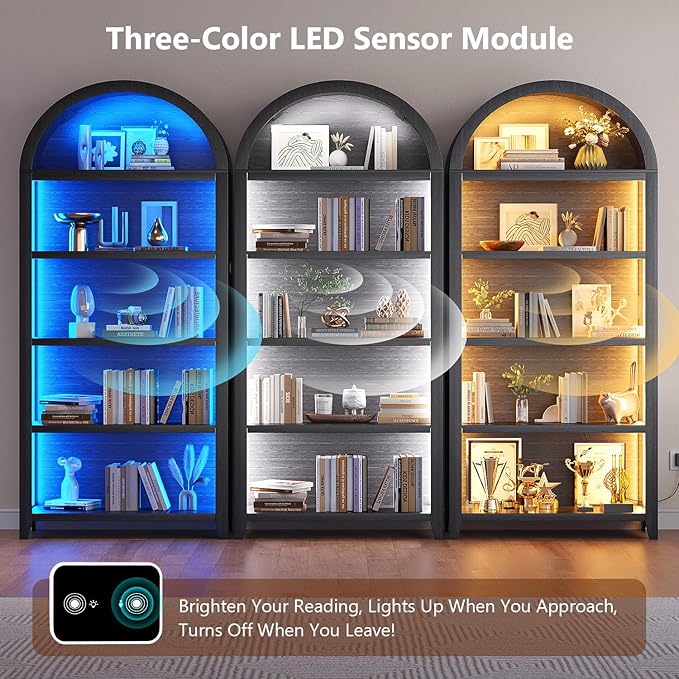 Arch Bookcase - 5 Tiers Bookshelf with 3 Colors LED Sensor Lights and Thickened Wooden Design Display Shelf for Lego Books Bathroom Living Room - Ideal Gift (Black)