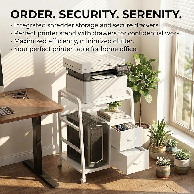 Printer Stand Featuring Fabric Drawers, Under Desk Host Computer Cabinet and Shredder Shelf, Heavy Duty Printer Stand with Storage Workstation Organization Printer Table for Home Office